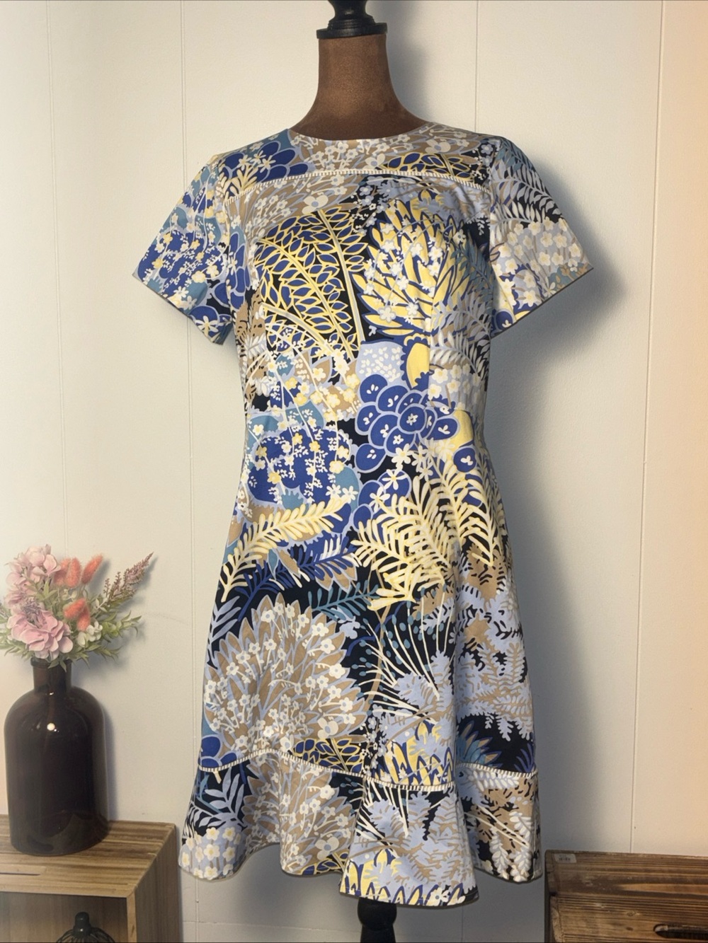 Talbots Dress Womens Petite 10P Floral Coastal Zip Up Lined‎ Midi Short Sleeve